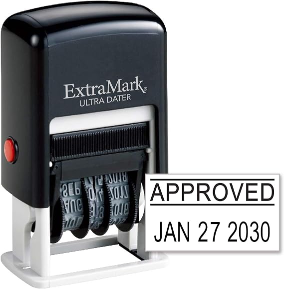 ExtraMark Ultra Dater Self-Inking Rubber Date Office Stamp with Approved Phrase & Date - Style 3, Black Ink, 12-Year Band