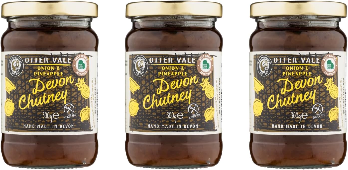 Otter Vale - Devon Onion & Pineapple Chutney, sweet and tangy mix of onion and marmalade, hand-made in Devon, gluten-free, 300g glass jar x 3