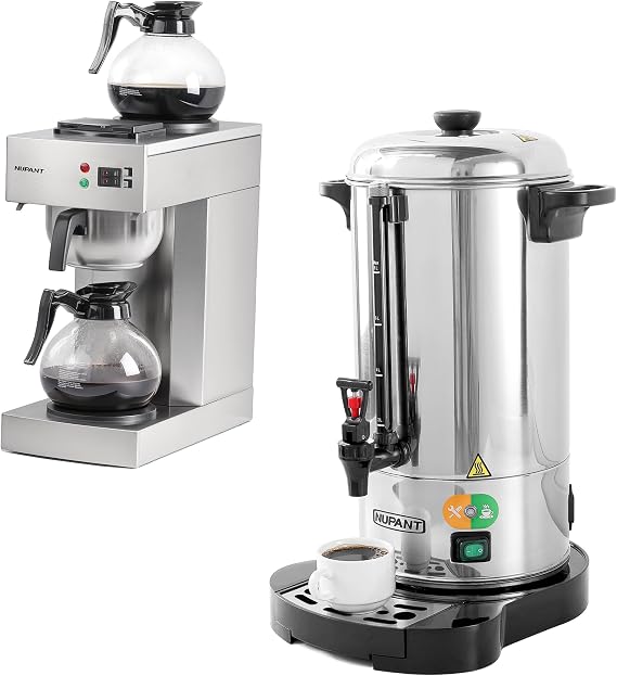 NUPANT Commercial Coffee Urn 50 Cup/8L Coffee Dispenser with Upgraded Percolator & NUPANT 12-Cup Coffee Maker 1.8L Commercial Drip Coffee Maker with 2 Carafes and 2 Warmers for Restaurant