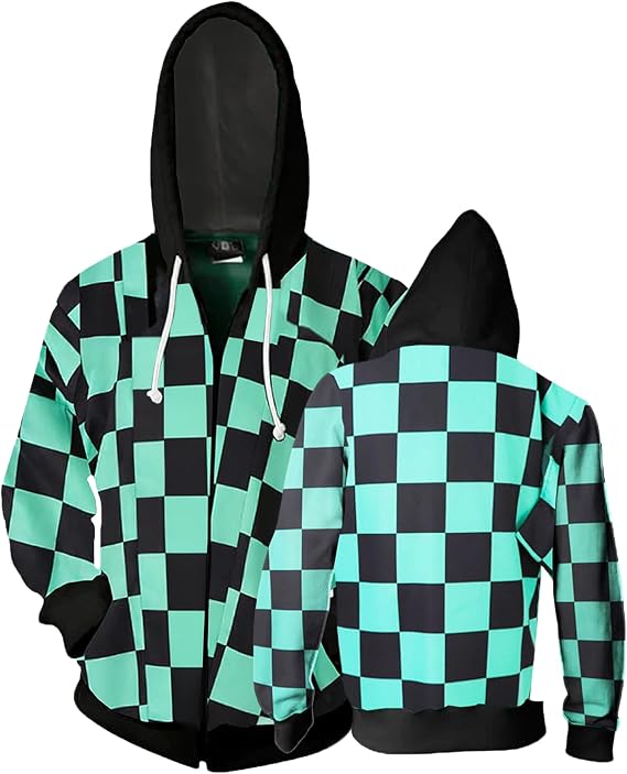 Anime Costume Jacket Adult Men Women Halloween Christmas Coat Sweatshirt | Green Black Plaid Hooded Hoodie Top Printed Outfit Zipper Suit for Casual Spring Autumn Winter Stage Carnival