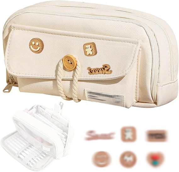 Pencil Case, Pencil Case for Girls, Large Pencils Cases with Decorative Patches, Cute Pencils Cases with Zip, Portable Special Pencilcase with 4 Compartments for School Kids Teenage Adults