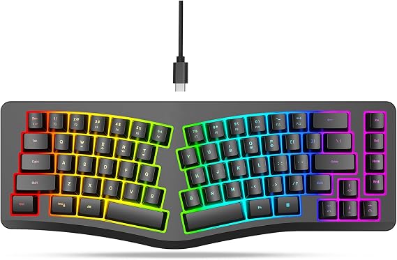 HXMJ-Wired Ergonomic Gaming Keyboard,Mechanical Feel,Detachable USB Cable,69 Keys,RGB Backlit-Black