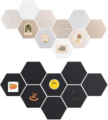 12 Large Hexagon Cork-Bulletin Board Tiles Self-Adhesive Vision Corkboard for Office Wall Decor, Pack of 18 Frameless Felt Tack Pinboards with 60 Push Pins