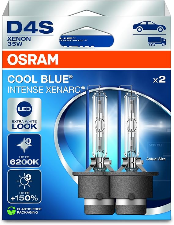 OSRAM XENARC® COOL BLUE® INTENSE D4S, +150% more brightness, up to 6,200K, xenon headlight lamp, LED look, Hanging folding box (2 lamps)