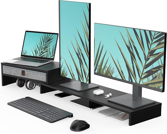 Fenge Triple Monitor Stand with Srorage Drawer, Adjustable Length and Angle | Computer Monitor Riser for 2 or 3 Monitors, Wooden Desktop Laptop Stand, Office Organizer for PC, Screen, Tablet, Black