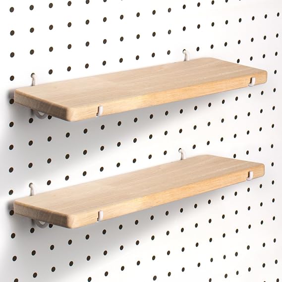 2 Pack Solid Wood Pegboard Shelf, 12" x 4" | Fit 1/4" Pegboard, High Balance and No Tilt, Pegboard accessories for Display Craft Garage Workbench Office