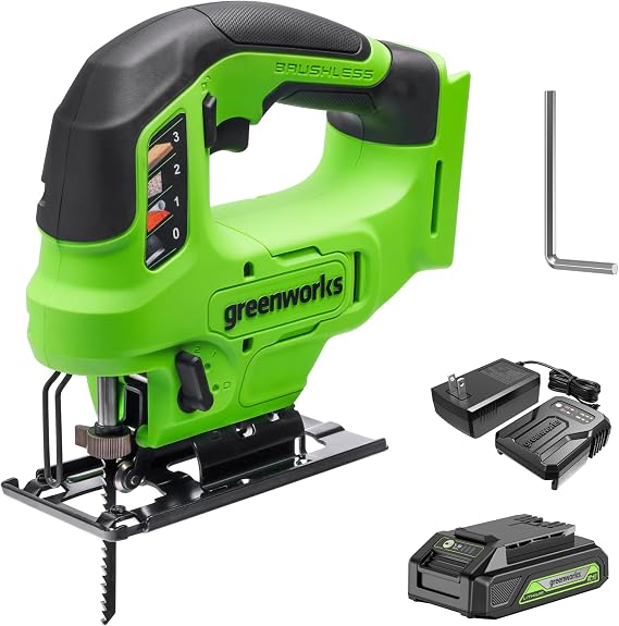 Greenworks 24V Brushless Cordless 1" Jig Saw (3,000 SPM / 4 Settings/Bevel 0-45/ LED Light), 1.5Ah Battery and Fast Charger Included