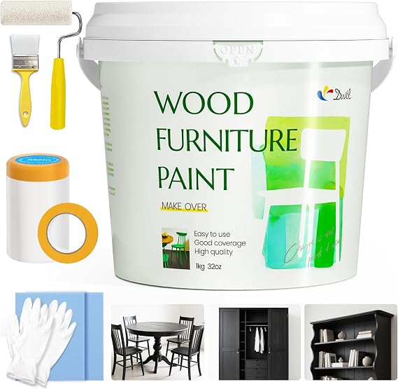 DWIL Wood Furniture Paint 32oz, Black Paint for Wood, Furniture, Cabinet, Door, Kitchen - Matte, With Tools, Water-Based, Odorless