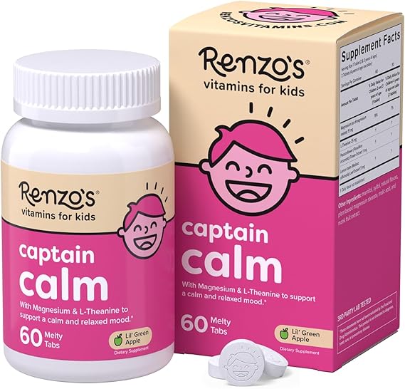Renzo's Captain Calm Kids Magnesium Supplement with L-Theanine, Dissolvable Kids Vitamins for Relaxation and Mood Support, Sugar-Free Melty Tabs, Green Apple Flavor, 60-Count (1-2 Month Supply)