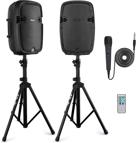 Pyle Wireless Portable PA Speaker system - 1000W High Powered Bluetooth Compatible Active + Passive Pair Outdoor Sound Speakers w/USB SD MP3 AUX - 35mm Mount, 2 Stand, Microphone, Remote