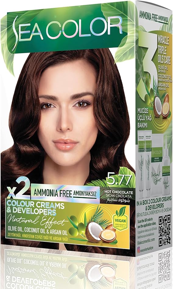 SEA COLOR Non-Ammonia, Vegan, Natural, Nourishing Permanent Hair Dye 100% White Closure (1 PACK 2 x 50 ml Dye & OXIDANT) (Hot Chocolate 5.77)