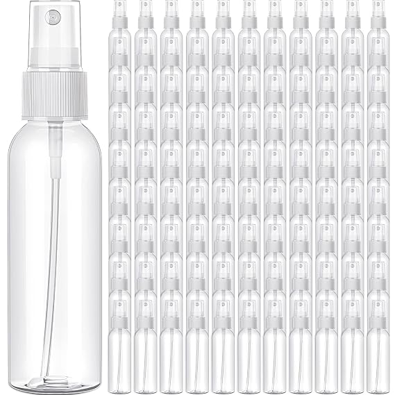 Nuogo 100 Pack 2 Oz Plastic Mini Travel Spray Bottles,Clear | Fine Mist Sprayers, Refillable Perfume Water Cleaning Solutions, TSA Travel Size, Portable Cosmetic Atomizers