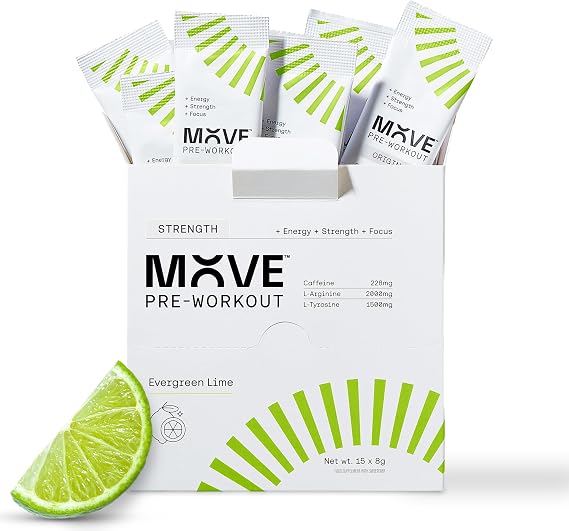 MOVE Pre Workout Sachets Powder Strength Formula for Men & Women - Energy Drink Powder Without Beta Alanine 15 Servings Preworkout with L-Arginine, Vitamin C Informed Sport Certified Evergreen Lime