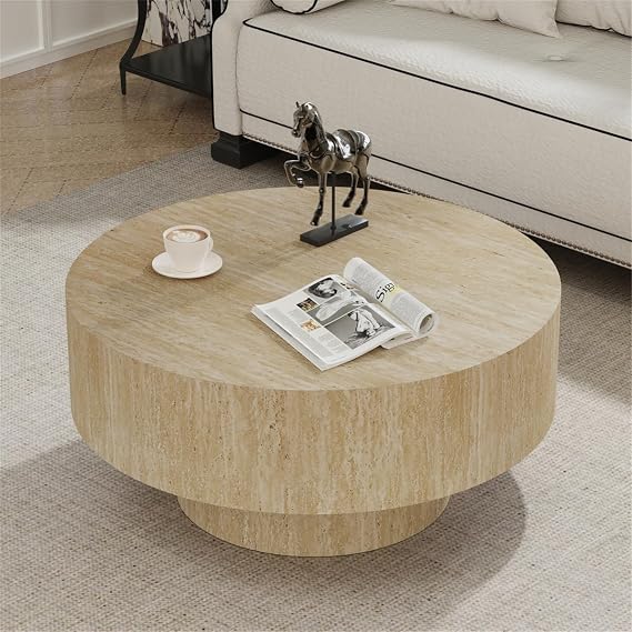WXFKLDJ Round Drum Coffee Table 29.92'' Handcraft Wood, Travertine Round