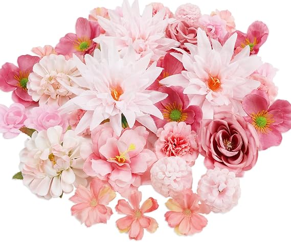 56 PCS Pink Mini Artificial Flowers Heads Assorted for Crafts