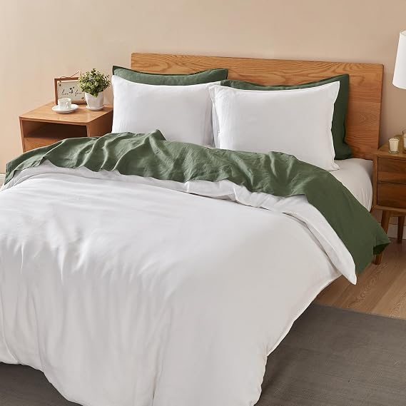 DAPU Pure Linen Bedding Bundle White&Olive in King Size