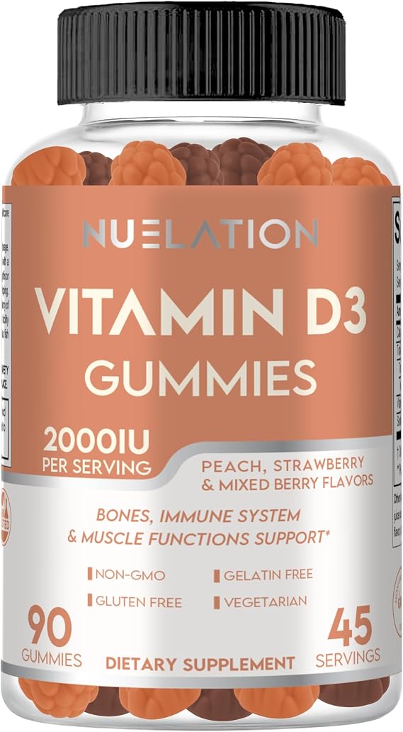 Vitamin D3 Gummies for Adults 2000 IU - 90 Ct (45 Servings) - Vitamin D Gummies for Bone, Muscle & Immune Support - Peach, Strawberry & Mixed Berry Flavors - Vegetarian, Gelatin & Gluten Free, Non-GMO