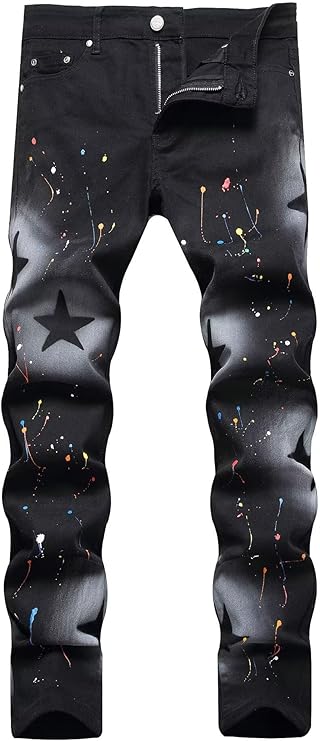 Mens American USA Flag Printed Washed Jeans White Fit Trousers Pants