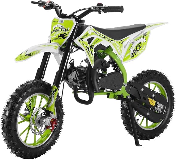 Dirt Bike Motorcycle Mini Bike 49cc Kids Dirt Bike, 2-Stroke Gas Power Motocross, Off Road Mini Motorcycle, Children Pocket Motorbike with Front Rear Disc Brakes, Pull Start Green