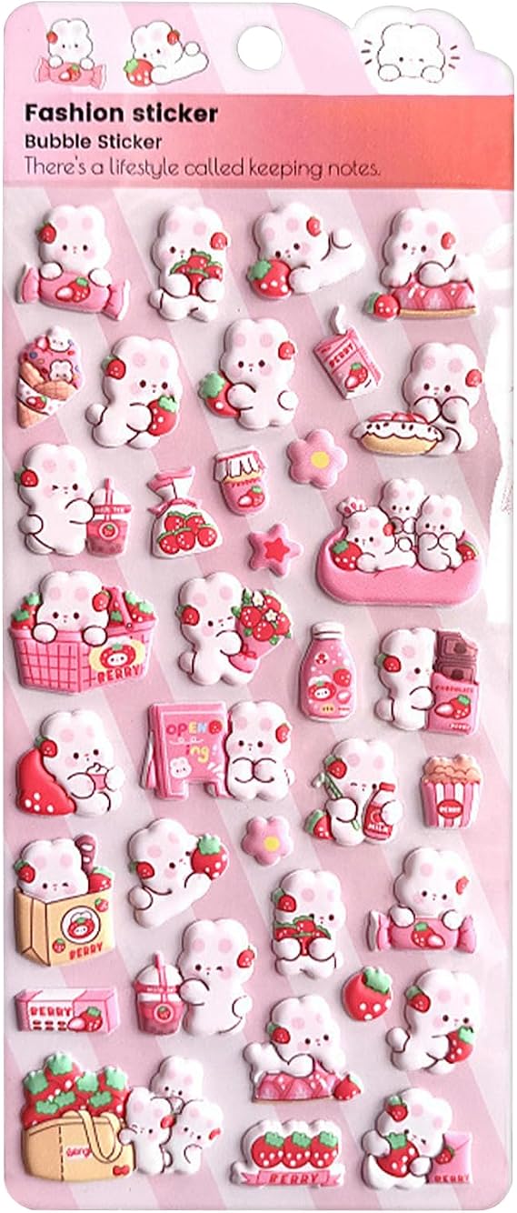 3D Puf-fy Stickers - Self-Adhesive Cute Bunny Decals, Bubble Foam Sticker Waterproof Vinyl Sheets | Kawaii Stickers for Planners Journals Scrapbooking Water Bottles