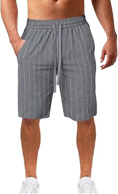 Mens Vertical Striped Linen Shorts Casual Drawstring Elastic Waist Vacation Beach Pants Lightweight Shorts