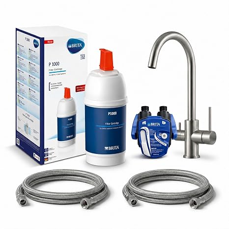 VANTO INOX 3-Way Tap Kitchen Set - Stainless Steel 304 Kitchen Tap High Pressure - Under-Sink Water Filter Drinking Water Filter with Brita P1000 Filter Head Hoses & Adapter C Spout