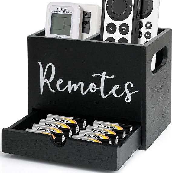 Remote Control Holder, 2 Slot TV Remote Holder& Desk Organizer with Drawers, Remote Organizer Caddy for Table, Wooden Remote Box for Nightstand,Media Storage Box for Living Room, Bed (Black)