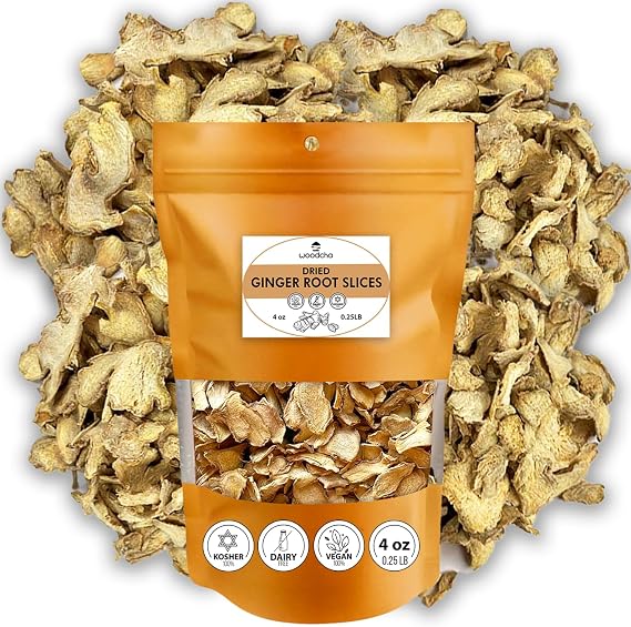 Premium Dried Ginger Root Slices, Quality Minced, Ginger Slices No Sugar, Dry Chunks For Tea, Vegan, Kosher (4oz)