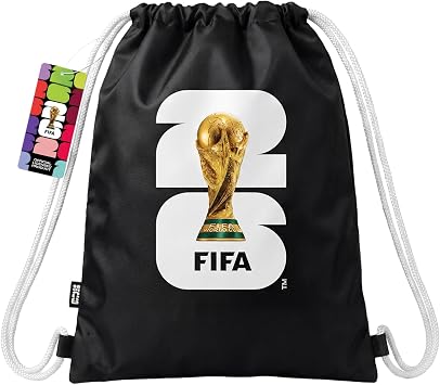 FIFA World Cup 2026 Licensed Drawstring Backpack Bag, Sports Gym Sackpack for Adults Men Women Outdoor Travel Black+White
