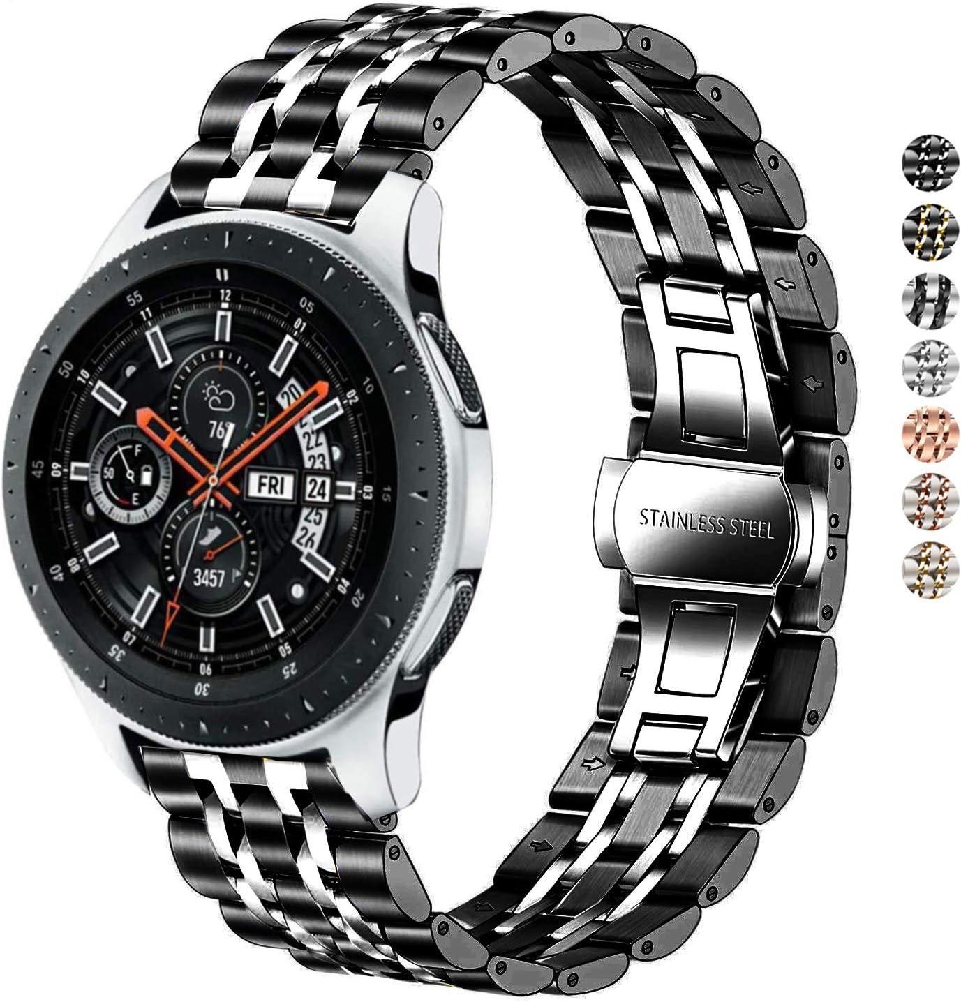 DEALELE Stainless Steel Metal Replacement Bands for Samsung Gear S3 / Galaxy Watch 46mm / Galaxy Watch 3 45mm, 22mm, Black/Silver, Unique Design, Easy Installation