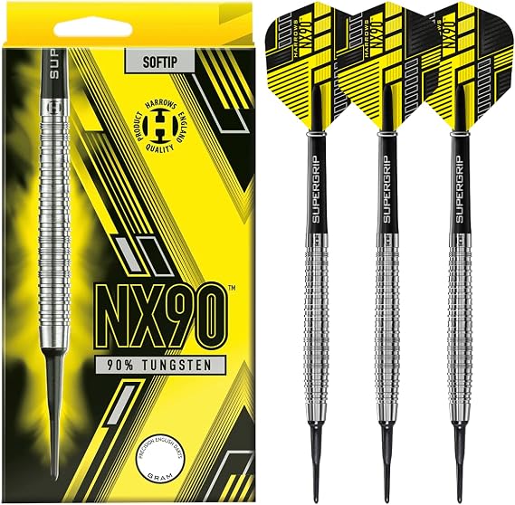 Harrows NX90 Soft Tip 90% Tungsten Darts Set 18g and 20g - Includes Black Supergrip Midi Shafts & Micron NX90 Flights - 20g