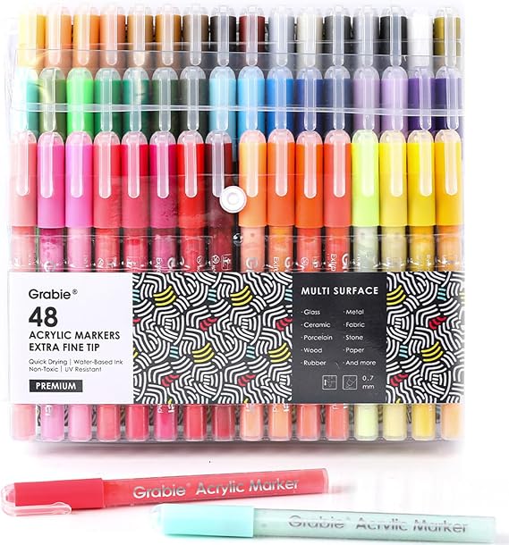 Grabie Pack of 48 Color Acrylic Paint Markers, 0.7mm Extra Fine Tip Pens | Precise Lines for Drawing, Great for Detail Painting, Works on Rock, Canvas , Glass & Paper, Water-Based Acrylic Ink