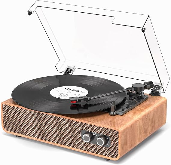 Vinyl Record Player, 3-Speed Turntable with Built-in Speakers, Bluetooth, Adjustable Tonearm Weight, Retro Record Player with Auto Stop, Anti-Vibration Vintage Style for Home Decor & Music Lovers