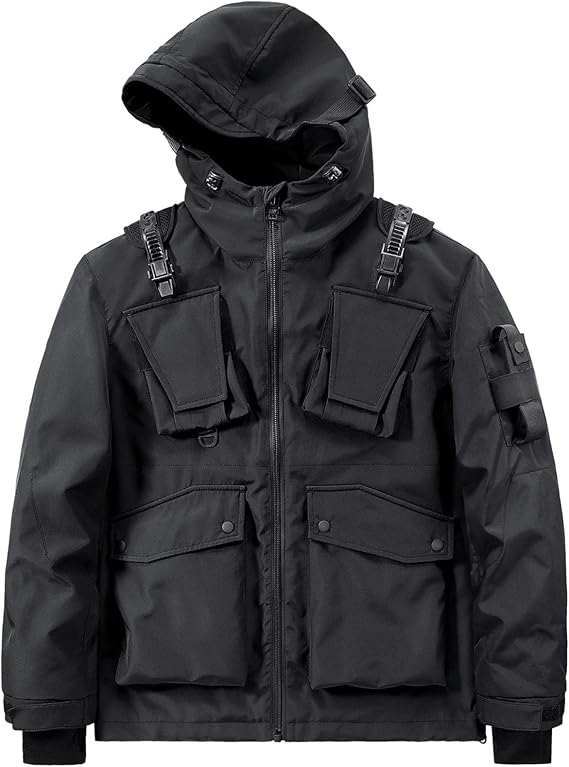 Store Men's Jacket, Autumn and Winter, Multi-Pocket, Hooded Jacket, Zipper, Coat, Punk Gothic Jacket
