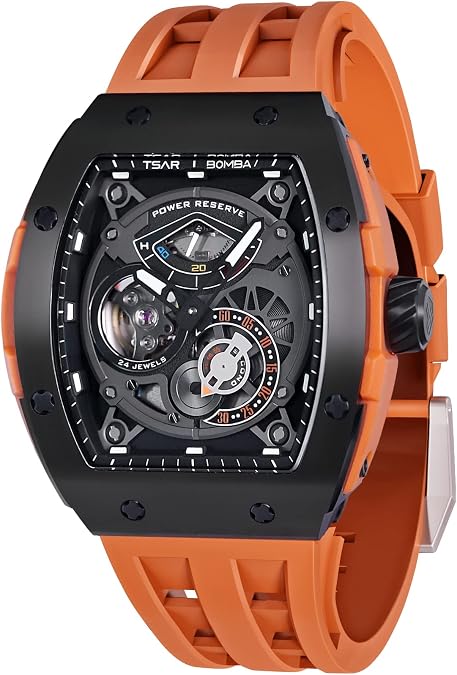 TSAR BOMBA Mens Watch Automatic Mechanical Movement Chronograph Original Design 50M Water Resistance with Tonneau Stainless Steel case and Silicone Strap Unique Fashion Gift for Men