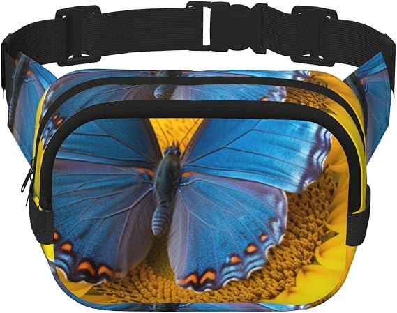 Sunflower Blue Butterfly Fanny Pack Adjustable Crossbody Bag Large Waist Bag Travel Belt Bag Unisex Bum Bag