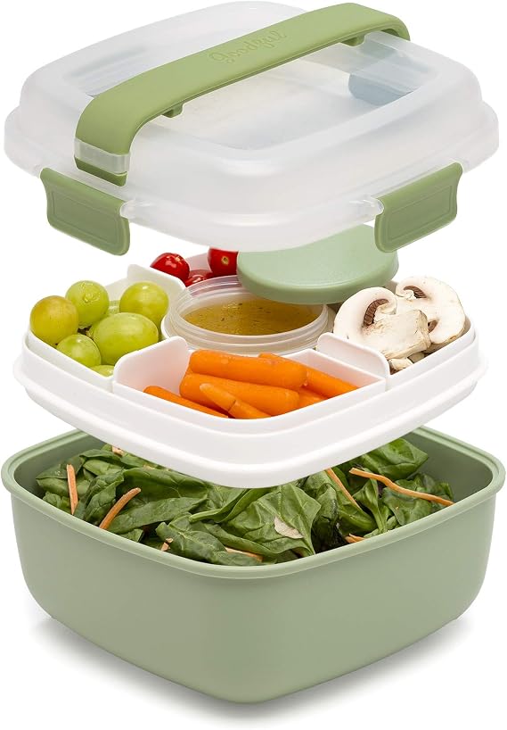 Goodful Stackable Lunch Box Container, Bento Style Food Storage with Removeable Compartments for Sandwich, Snacks, Toppings & Dressing, Leak-Proof and Made without BPA, 56-Ounce, Sage