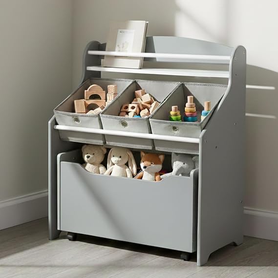 Humble Crew 3 in 1 Kids Bookshelf, Toy Organizer and Rolling Toy Box, Wood | Toddler storage with removable fabric bins and pull out chest on caster wheels, sturdy design for playroom, bedroom, nursery