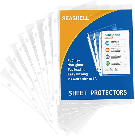 Seashell 100 Economy Non-Glare Sheet Protectors, Plastic Page Protectors for 3 Ring Binder, Letter Size, Top Loading, 3 Hole Punched, Binder Sleeves for 8.5 x 11 Paper, for School and Office use...