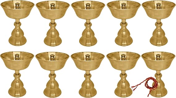 Satvik 10 Pc Set of Pure Brass Diya for Pooja Tibetan Buddhist Altar Supplies Indian Puja Kutthu Vilakku Deepam Meditation Offering Butter Lamp Tea Light Holder Indian Housewarming Return Gift Idea