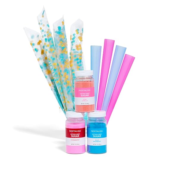 Nostalgia Cotton Candy Variety Kit 3 Flossing Sugar Flavors (Pink Vanilla, Blue Raspberry, Strawberry) 7-oz Bottles, 4 Reusable Cones, 10 Clear Bags with Twist Ties Party Supplies