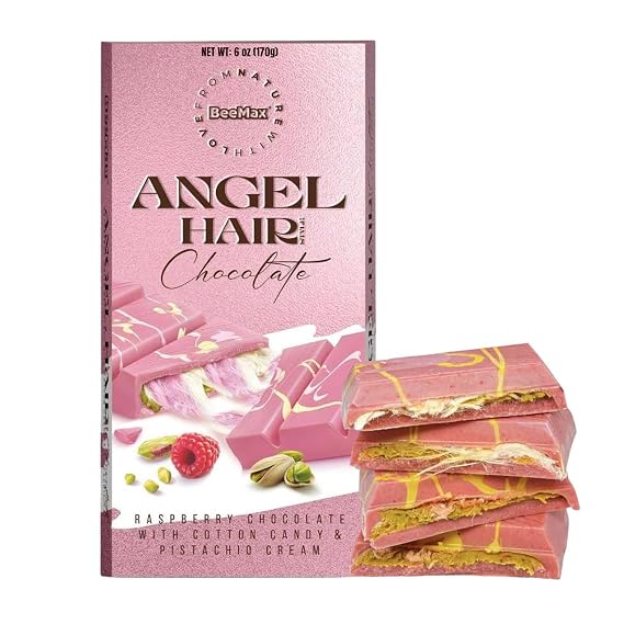 BEEMAX Angel Hair Dubai Chocolate Bar, Raspberry White with Pistachio Cream & Cotton Candy, Unique Middle Eastern Luxury Gourmet, Ideal for Gift or Special Occasions, 6 oz