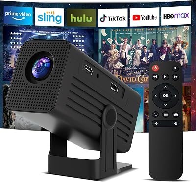 Mini Projector, Portable Projector 4K Support, Full HD 1080P Outdoor Movie Projector with WiFi6 and Bluetooth,Auto Focus with Built-in Apps Proyector,Compatible with HDMIUSBiOSAndroid