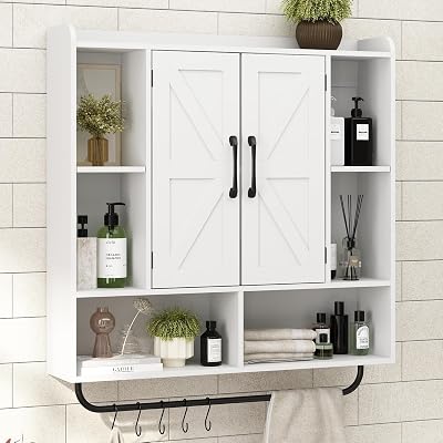 RUSTOWN Rustic Wood Wall Bathroom Cabinet, Farmhouse Medicine Cabinet Wall Mounted, Space Saving Wall Storage Cabinet with 2 Barn Door, 3-Tier Adjustable Shelves and Towel Bar White