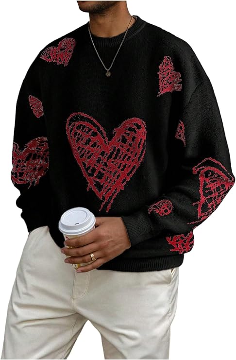 BEAUDRM Men's Heart Graphic Sweater Crew Neck Long Sleeve Pullover Jumper Tops Streetwear