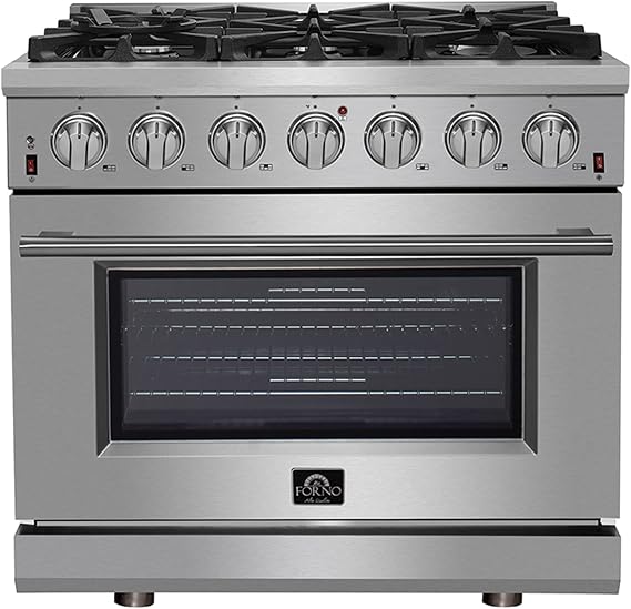 FORNO Massimo Freestanding 36-Inch Full Gas Range and Oven with 6 Italian Sealed Burners Cooktop - 5.36 Cu.Ft. Convection Stainless Steel Oven Includes Cast Iron Accessories