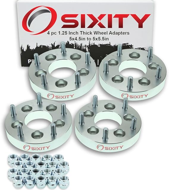 Sixity Auto 4 pc 1.25" 5x4.5" to 5x5.5" Wheel Adapters for Pickup Truck SUV | Billet wheel spacer adapters that change your bolt pattern for a precise, safe fit and proper wheel clearance.