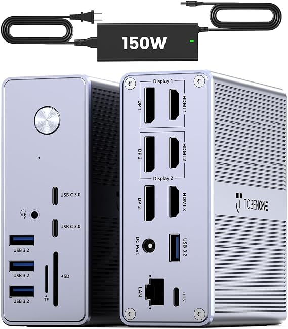 TobenONE DisplayLink Docking Station Triple 4K Monitors with 120W Charger | Aluminum Dock Stand with 3 HDMI, 3 DP, 6 USB A/C, SD/Micro SD, RJ45, for MacBook Pro/Air/Neo, Thunderbolt 4/3, USB-C Windows