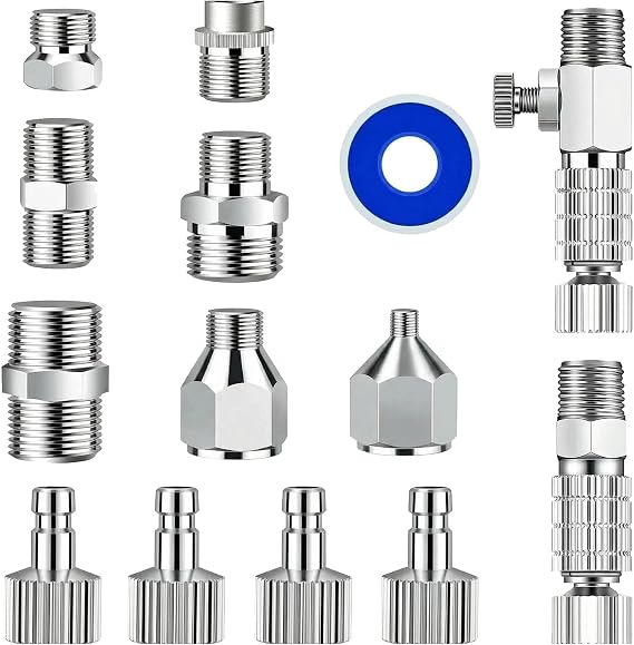 14pc Quick Release Adapter Set, 1/8" 1/4" for Airbrush & Compressor | 14-piece all-in-one set, converts 1/8" & 1/4" threads, quick coupler for instant gun swaps, brass fittings with seal tape