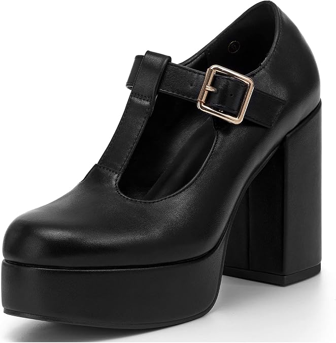 Coutgo Womens' T-Strap Round Toe Chunky Platform Heels Patent Mary Jane Dress Shoes